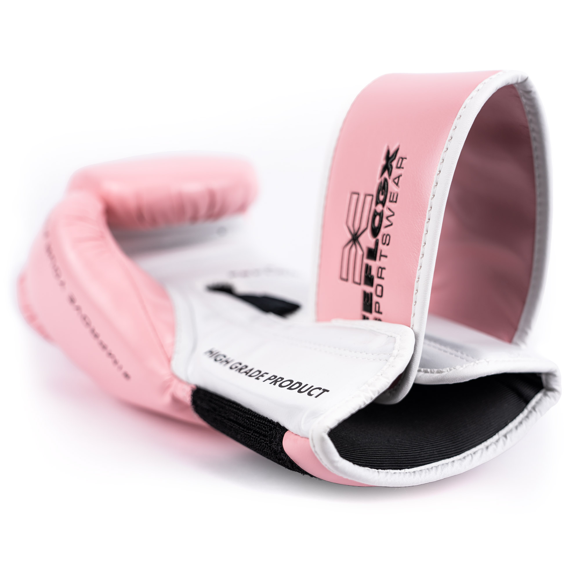 FFX Pro Boxhandschuhe Performance Striker von FEFLOGX Sportswear. Professionelle Kick Box Handschuhe, ultra hochwertig, Boxing-Gloves für max. Power, Kickbox Handschuhe, Muay Thai Handschuhe, Boxen Handschuhe Sparring, Boxsack-Handschuhe. Größen: 8oz, 10 oz, 12 oz, 14 oz, 16 oz. Farben: schwarz, rosa, olivgrün & weiß. Foto liegend eines rosa Boxhandschuhs (3). FFX Pro Boxhandschuhe Performance Striker