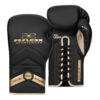 FFX Hoch Professionelle Schnür Boxhandschuhe Dominant Pro Striker by FEFLOGX, Box Handschuhe, Boxhandschuhe für Herren & Frauen, Boxhandschuhe mit Schnürung, Handschuhe für Boxen & Kickboxen & Muay-Thai, High-professional Boxing Gloves Elite, Handflächen- & Handrücken-Ansicht eines Paares der goldenen Box Handschuhe mit Schnürung (2). FFX Competition Kopfschutz Protection Force