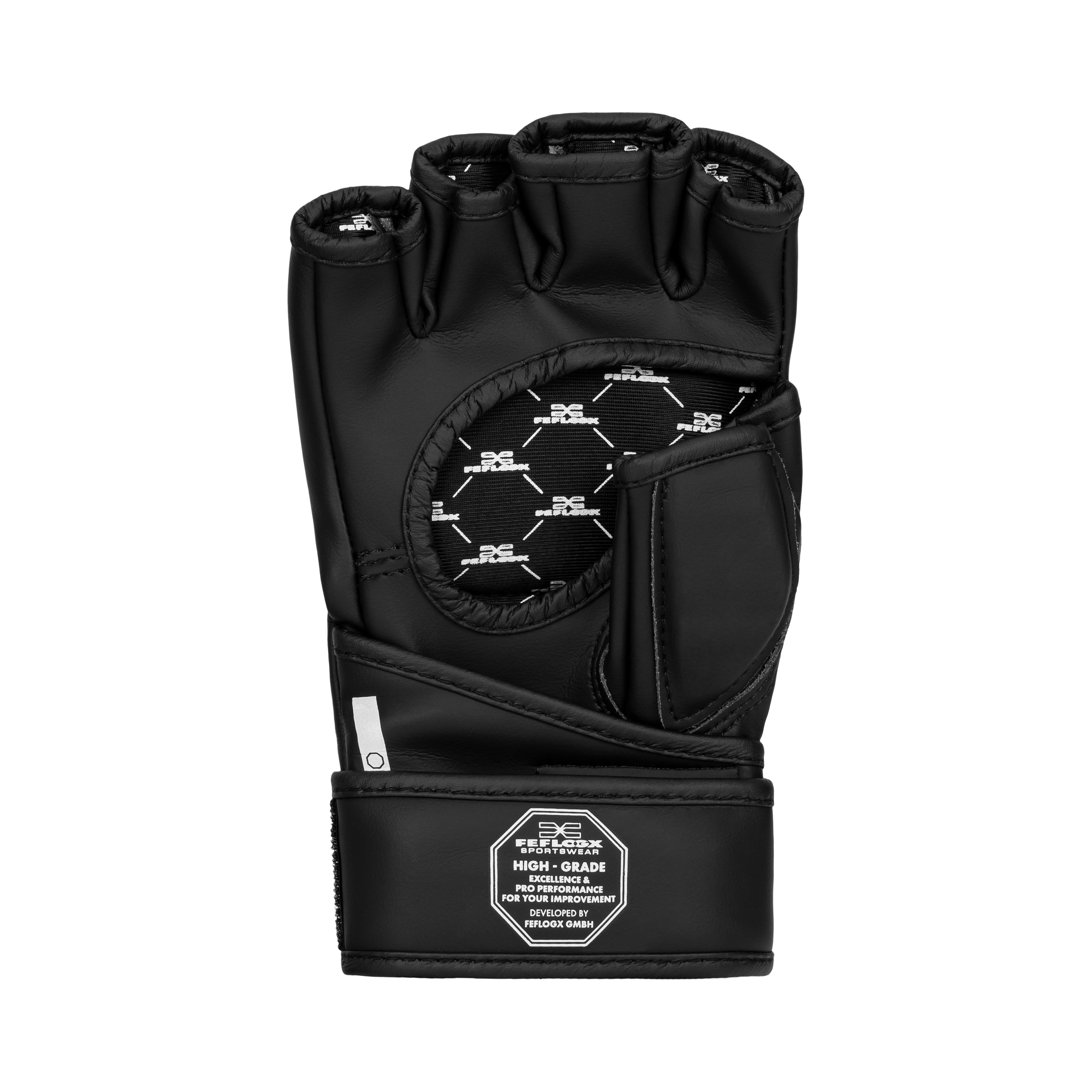 FFX Pro MMA Trainingshandschuhe Superior Performance by FEFLOGX Sportswear, hochwertigstes & extrem strapazierfähiges FFX-Leder, MMA Boxhandschuhe, MMA Handschuhe, Kampfsport Handschuhe, MMA Gloves, super-bequeme MMA Kampfhandschuhe, anatomisch vorgeformt & ergonomisch entwickelt, max. Schutz & elegantes Design, in schwarz, schwarz-weiß & olivgrün, Beste Polsterung für max. Power & exzellente Performance, Handflächen Einzel-Ansicht der schwarz-weißen MMA Handschuhe Training mit Daumenschutz. FFX Pro MMA Trainingshandschuhe Superior Performance