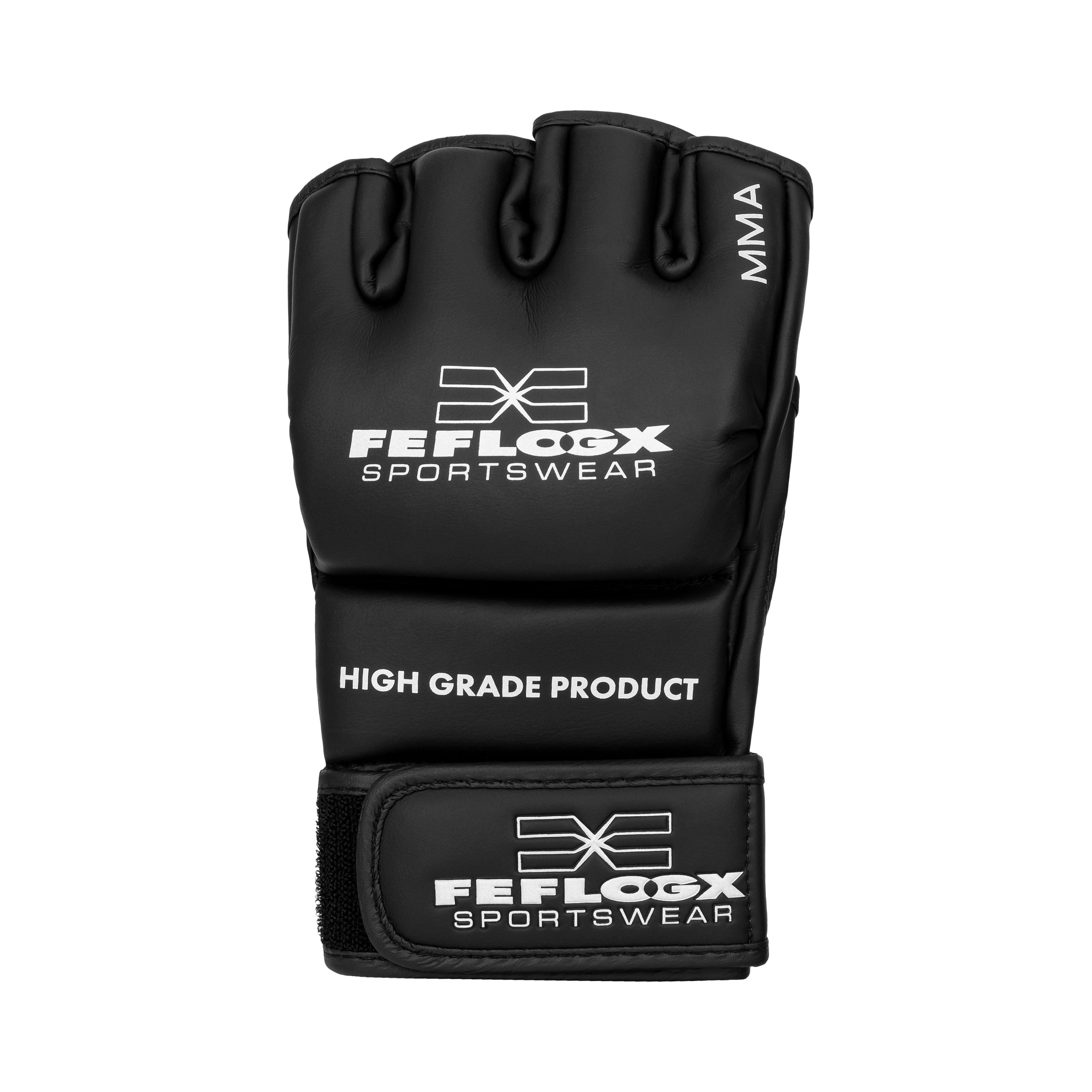 FFX Pro MMA Trainingshandschuhe Superior Performance by FEFLOGX Sportswear, hochwertigstes & extrem strapazierfähiges FFX-Leder, MMA Boxhandschuhe, MMA Handschuhe, Kampfsport Handschuhe, MMA Gloves, super-bequeme MMA Kampfhandschuhe, anatomisch vorgeformt & ergonomisch entwickelt, max. Schutz & elegantes Design, in schwarz, schwarz-weiß & olivgrün, Beste Polsterung für max. Power & exzellente Performance, Handrücken Einzel-Ansicht der schwarz-weißen MMA Handschuhe Training mit Daumenschutz. FFX Pro MMA Trainingshandschuhe Superior Performance