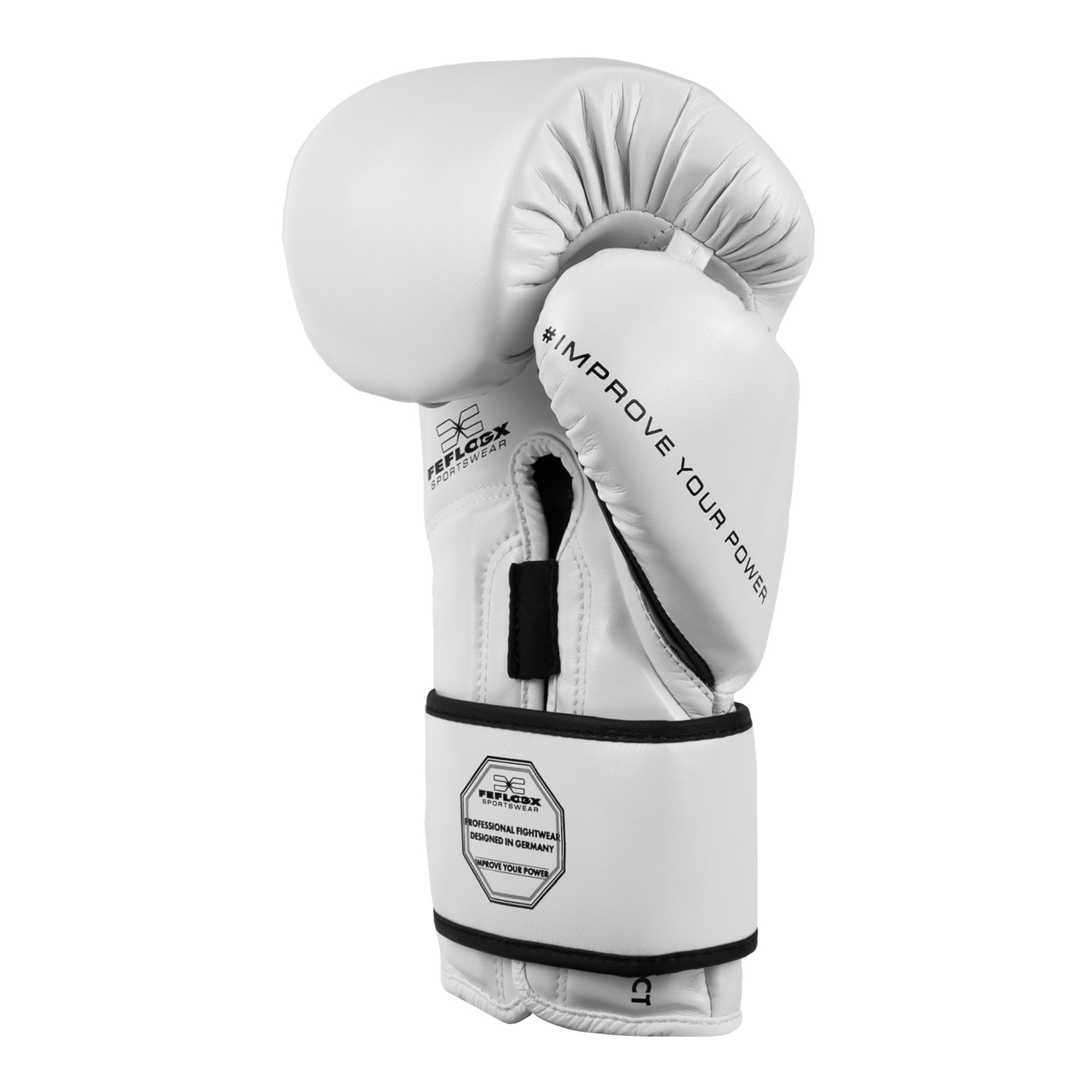 FFX Pro Boxhandschuhe Performance Striker von FEFLOGX Sportswear. Professionelle Kick Box Handschuhe, ultra hochwertig, Boxing-Gloves für max. Power, Kickbox Handschuhe, Muay Thai Handschuhe, Boxen Handschuhe Sparring, Boxsack-Handschuhe. Größen: 8oz, 10 oz, 12 oz, 14 oz, 16 oz. Farben: schwarz, rosa, olivgrün & weiß. Foto der Seite eines weißen Boxhandschuhs (2). FFX Pro Boxhandschuhe Performance Striker