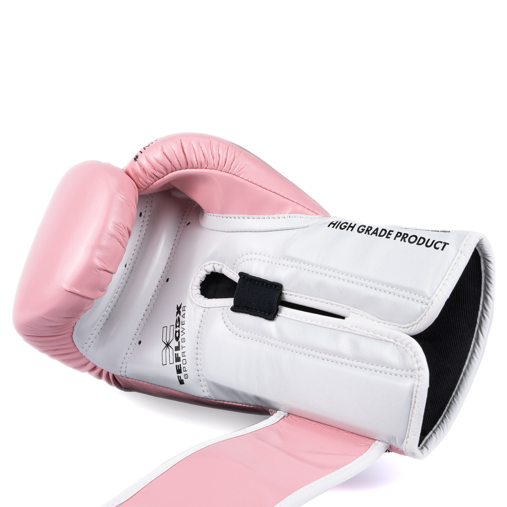 FFX Pro Boxhandschuhe Performance Striker von FEFLOGX Sportswear. Professionelle Kick Box Handschuhe, ultra hochwertig, Boxing-Gloves für max. Power, Kickbox Handschuhe, Muay Thai Handschuhe, Boxen Handschuhe Sparring, Boxsack-Handschuhe. Größen: 8oz, 10 oz, 12 oz, 14 oz, 16 oz. Farben: schwarz, rosa, olivgrün & weiß. Foto liegend eines rosa Boxhandschuhs (1). FFX Pro Boxhandschuhe Performance Striker